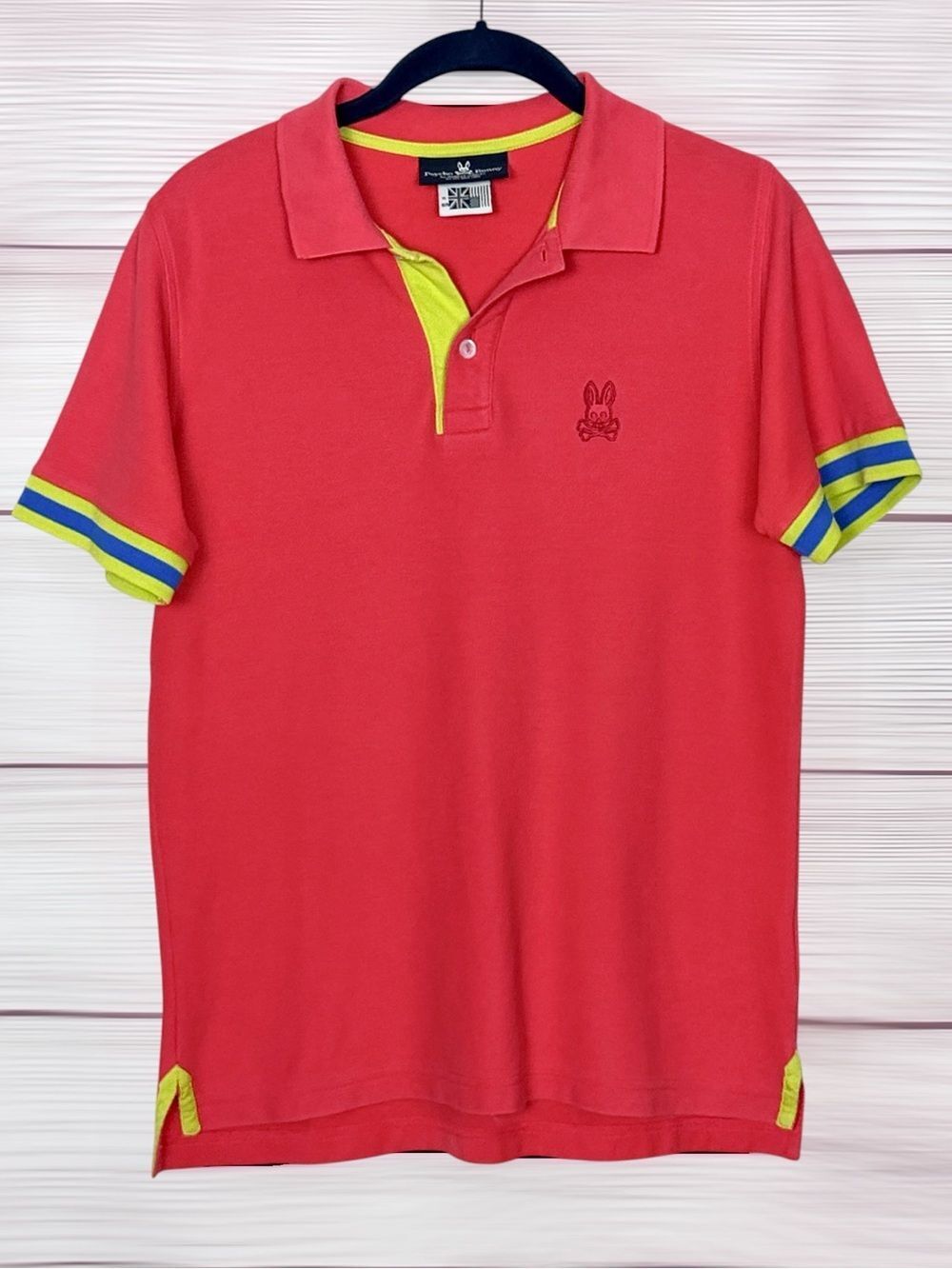 Psycho Bunny Boys XL 18-20 Polo Shirt Red Lime Green Trim Pima Cotton Logo